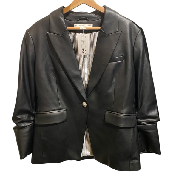 Veronica Beard Hollis Faux Leather Single Button 3/4 Ruched Sleeve Dickey Blazer - Picture 2 of 6